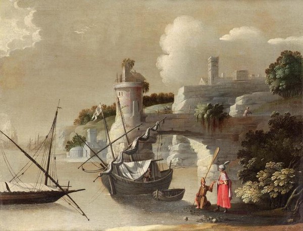 A coastal inlet with moored boats a Turk on the shore w-wer and archway beyond