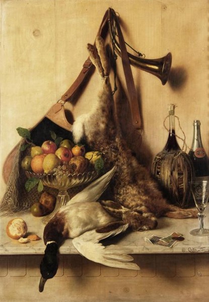 A still life of game and fruit on a marble ledge