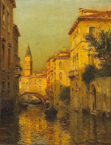 A  view of a Venetian canal with gondolas