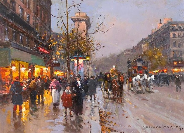 A view of the Porte St Denis at dusk