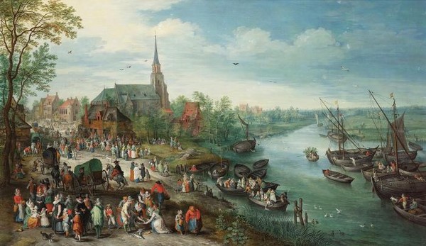 A village landscape with a portrait of Jan Brueghel the Elder and his-ther figures by a riveroil on panel