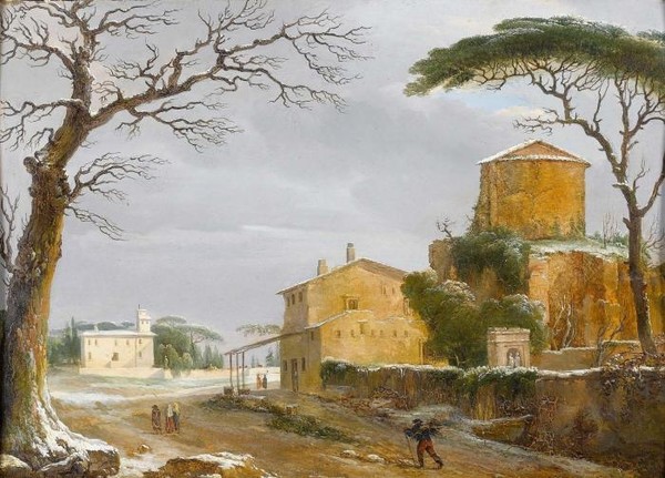 A winter landscape with figures carrying firewood on a village pat-ore Bolognese fecit