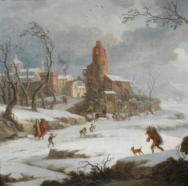 A winter landscape with figures collecting firewood and ele-in horse drawn sleighs