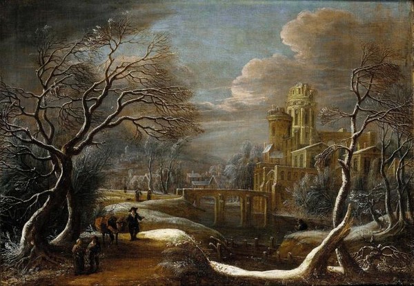 A winter landscape with travellers in the foreground a castle besi