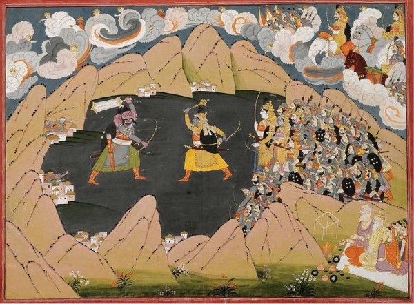 AN ILLUSTRATION FROM THE BHAGAVATA PURANA KRISHNA BATTLES THE DEMON NIKUMBHA