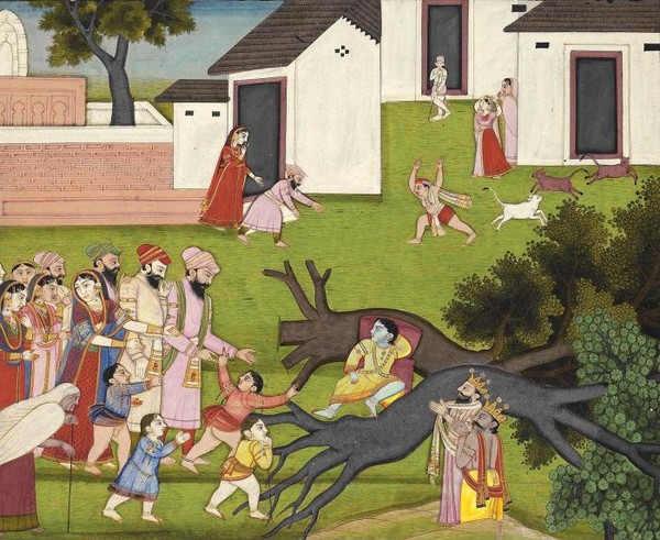 AN ILLUSTRATION FROM THE BHAGAVATA PURANA KRISHNA UPROOTING TREES India Kangra 1830