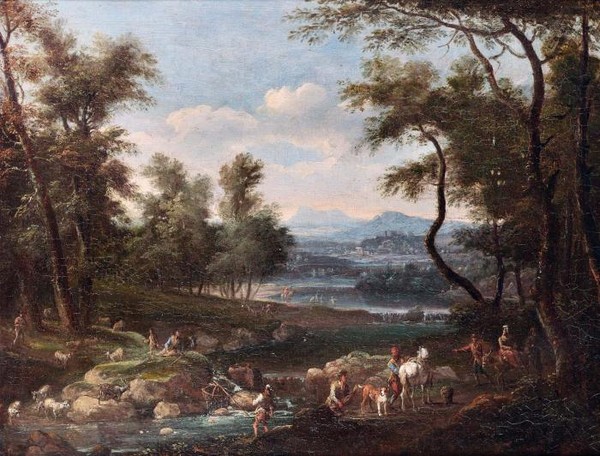An Italianate landscape with travellers on a riverside path and a she- flock on the far bank