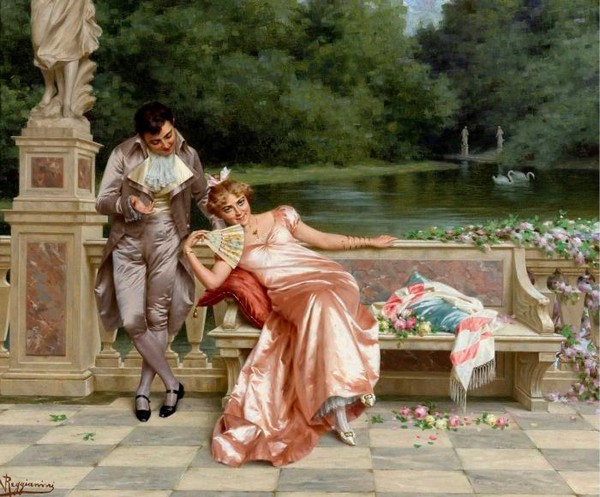 Дама и ковалер на берегу озера с лебедями