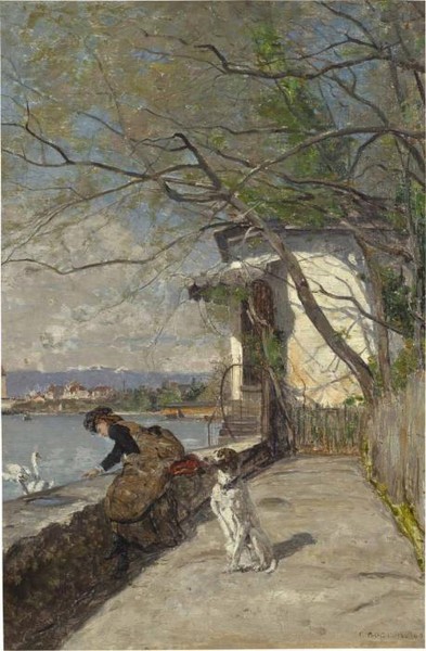 Дама кормит лебедей