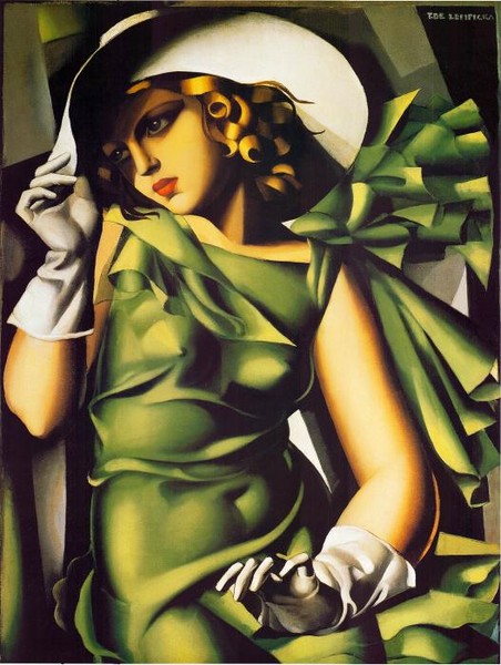 Дама в зеленом платье и белой шляпе