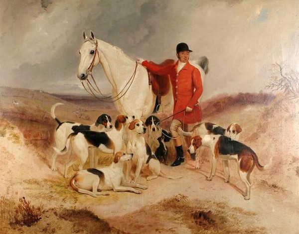 Dick Burton huntsman to the Tidworth Hunt with his hunter and hounds in a extensive landscape