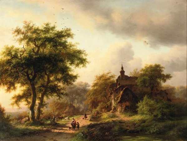 Figures on a sunlit path near a mansion