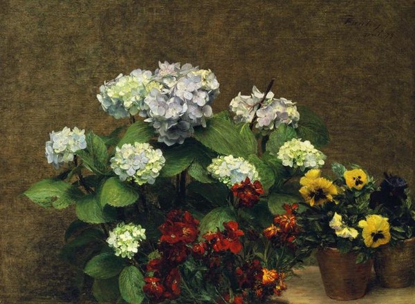 Fleurs Hortensias girofl es deux pots de pens es