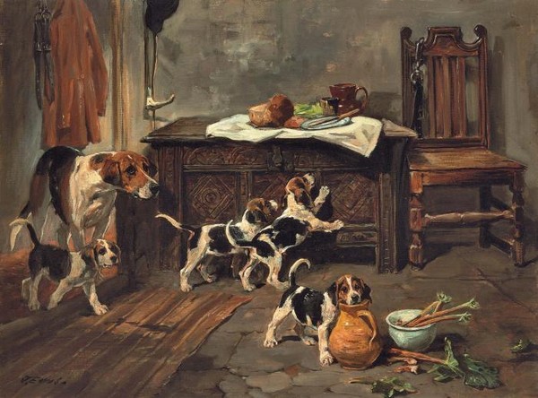 Hounds and Puppies in an Interior