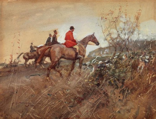 Huntsmen and Hounds in a Field-