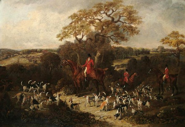 Huntsmen whippers in and hounds at covetside