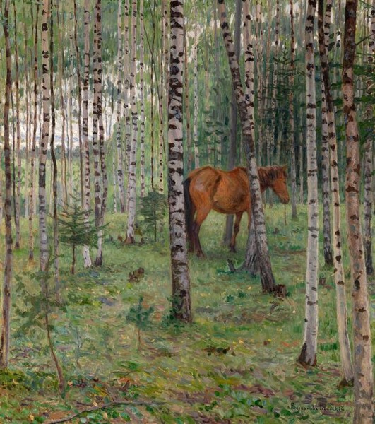 Лошадь в березовой роще