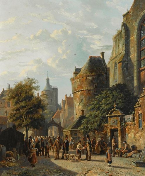 MANY FIGURES ON A MARKET IN A DUTCH TOWN