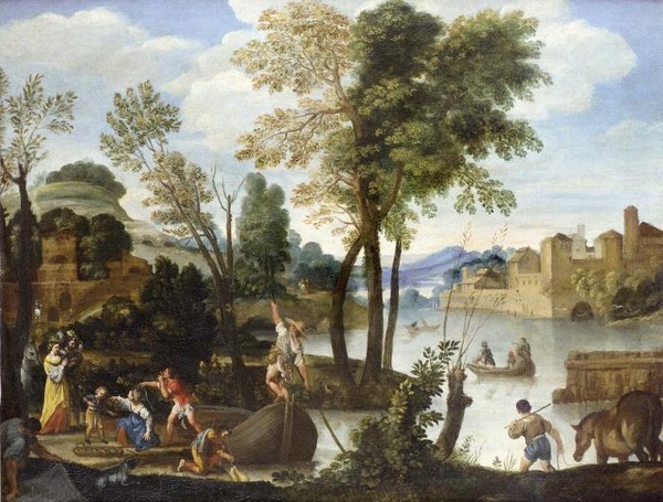 Naples A river landscape with elegant figures disembarking a ferry