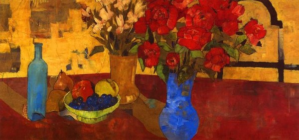 Натюрморт с красными розами и фруктами