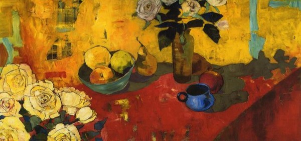 Натюрморт с розами и голубой чашкой