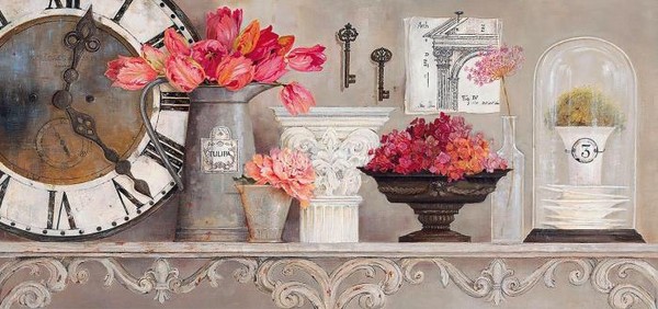 Натюрморт в розовых тонах с часами слева