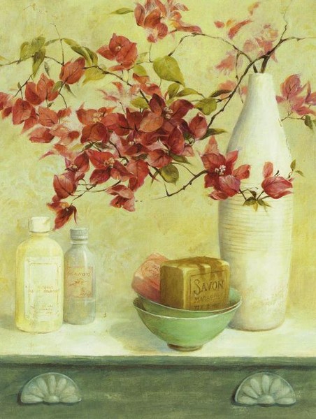 Натюрморт в салатовых тонах с красными цветами