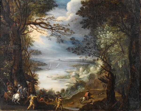 Noblemen hunting deer in a wooded landscape