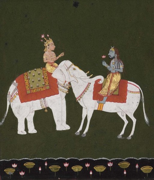 PAIR OF ILLUSTRATIONS INDRA AND SHIVA S MOUNTS MERGERAJA MANDHATA PRAKASH OF SIRMUR
