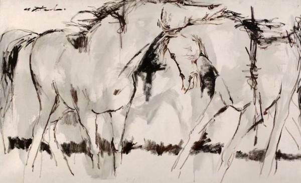 Пара лошадей играющих в лунном свете