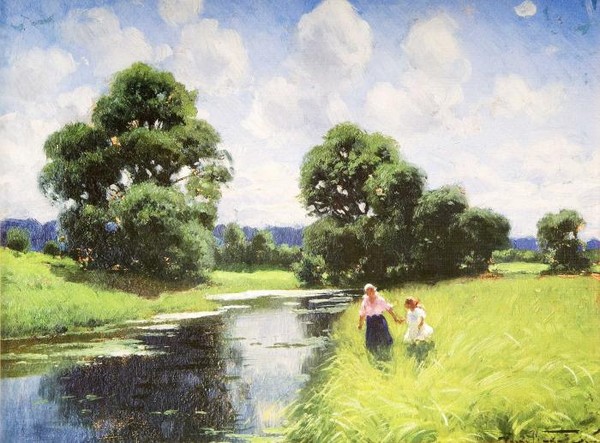 Пейзаж с фигурами у реки.