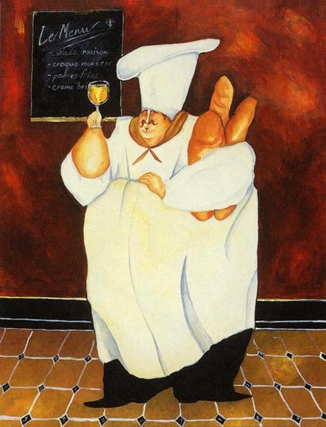 Повар с булками и вином