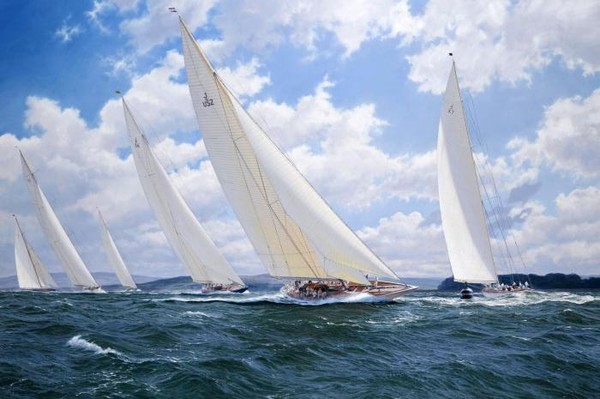 Round the Leeward Mark, Candida leads Westward, Cambria, Britannia, White Heather II and Lulworth, Cowes, 1930