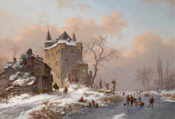 SKATERS NEAR A CASTLE ON A WINTRY DAY