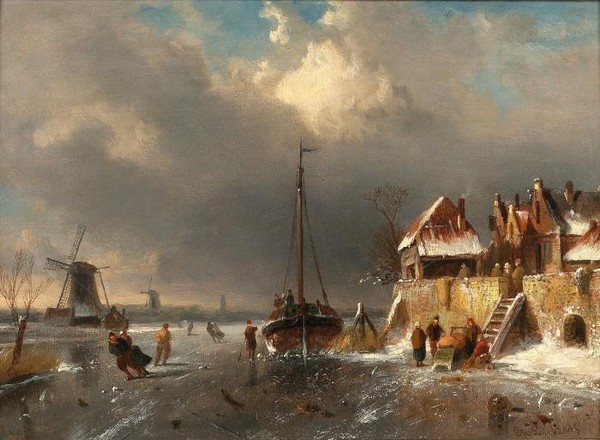 Skaters on a frozen river beside a village