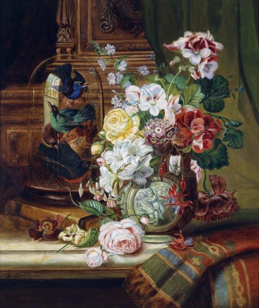still life in a vase and songbirds