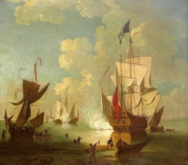 The Evening Gun, A British Man of War and other Shipping in a Calm