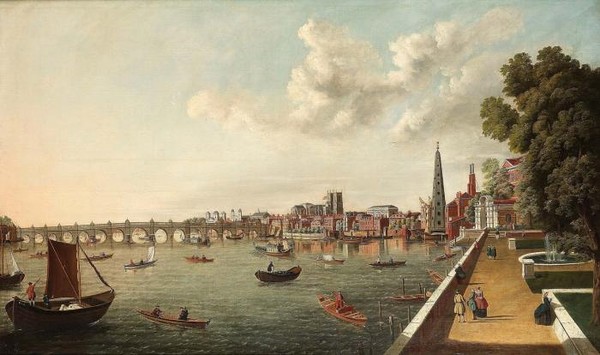 The Thames at Westminster with old Westminster Bridge and the Shot Tower from the te- Somerset House London