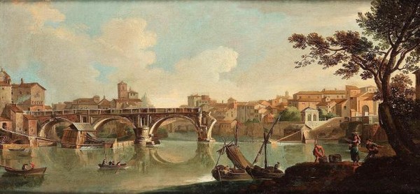 The Tiber and the Ponte Rotto Rome with figures on the bank and in boa-en on the bank a pair