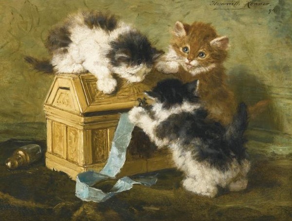 THREE KITTENS WITH A CASKET AND BLUE RIBBON