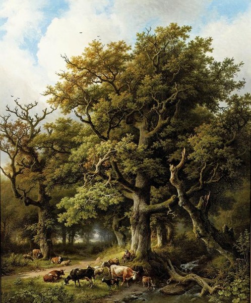 Wooded landscape with a herdsman and his cattle resting under an oak tree