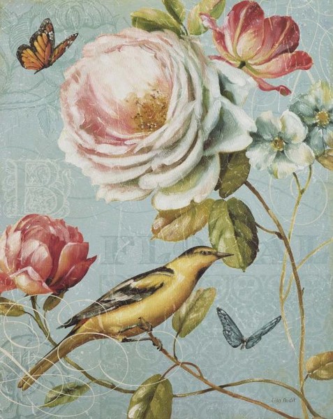 Желтая птичка с белой розой