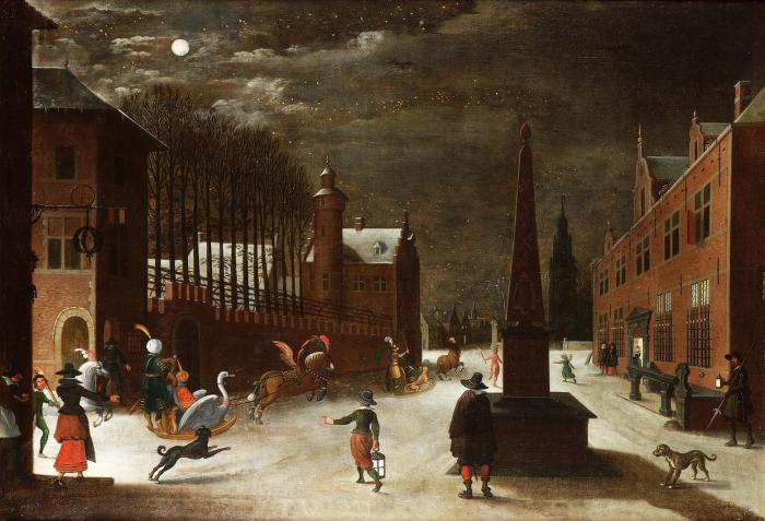 A moonlit winter landscape with figures in horse drawn sledges with townsfolk looking