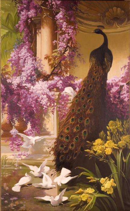 A Peacock And Doves In A Garden