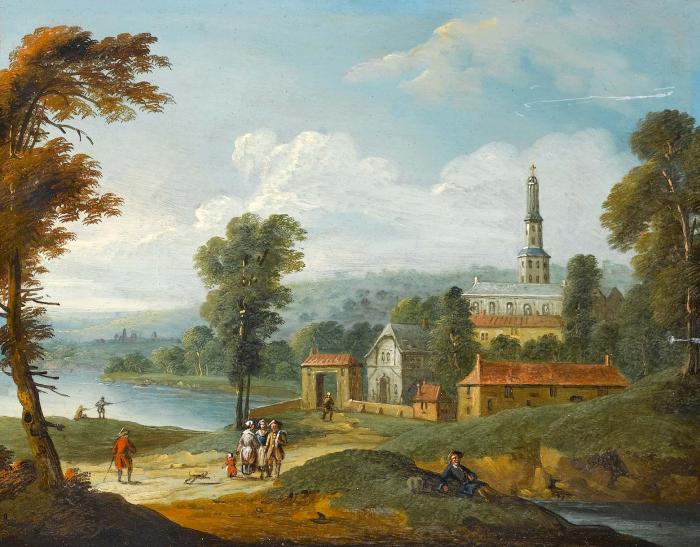 A river landscape with figures on a country path before the gates of a town