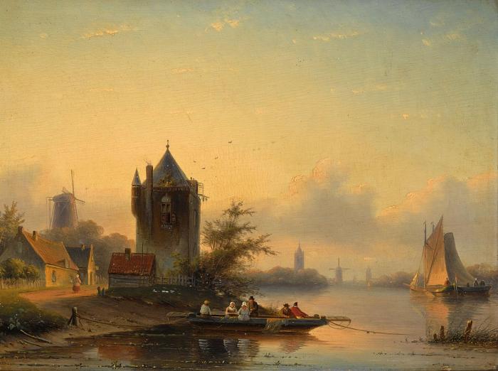 A SUMMER LANDSCAPE WITH A FERRY CROSSING A RIVER