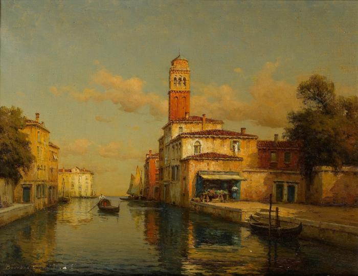 A Venetian canal with a shopkeeper on a quay