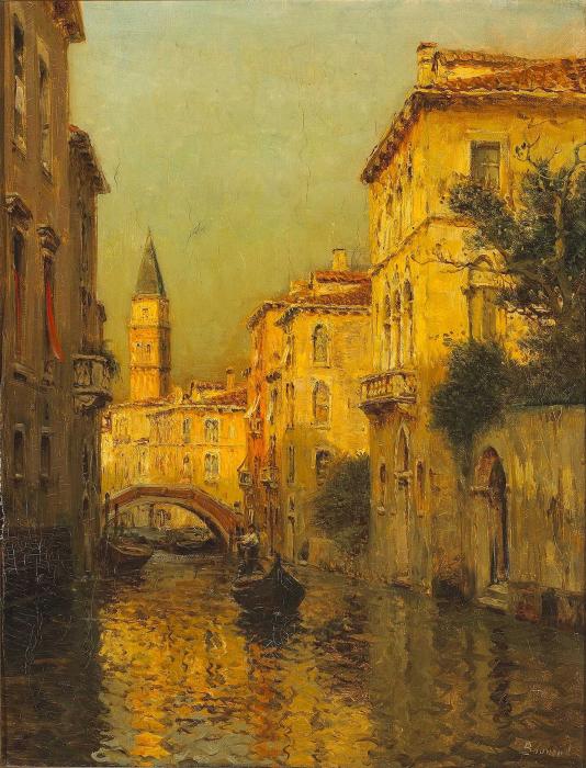 A  view of a Venetian canal with gondolas