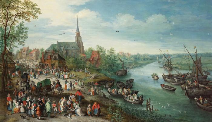 A village landscape with a portrait of Jan Brueghel the Elder and his-ther figures by a riveroil on panel