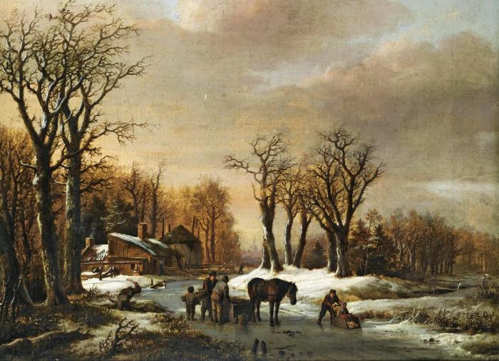 A WINTER LANDSCAPE WITH SKATERS AND FIGURES BY A HORSE SLEDGE ON THE ICE